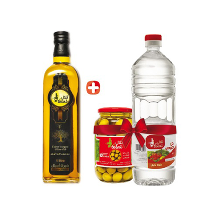 تلال زيت زيتون بكر ممتاز +خل+ زيتون أخضر