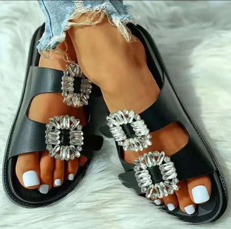 Women Flat Slides Summer Bling Crystal Slip On Slippers Ladies Buckle Strap Shoes Woman Fashion Casual