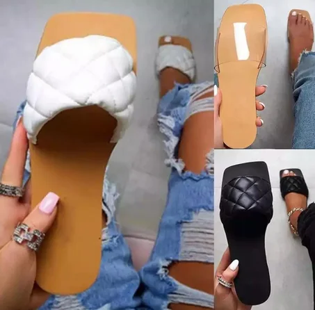 Square Open Toe Flat Slippers Women Genuine Leather Braid One-strap Beach Shoes Summer 2020