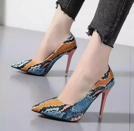 Stiletto Heels High Pumps Women Snake Skin Pumps Pointed Toe Shoes Female Shallow Party Shoes Ladies