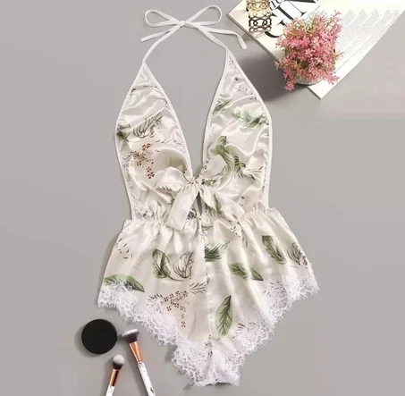 New Linger Open Back Eyelash Contrast Lace Trim Hem Teddy Romper Bodysuit Sexy Cross Teddies Satin Women Sleepwear