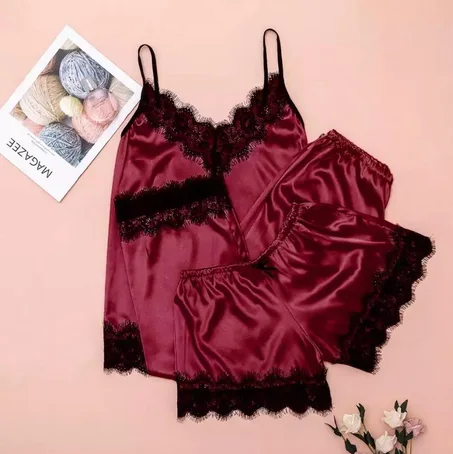 3 PC Women Lingerie Sleepwear Lace Satin Sleepwear Lingerie Camisole Bow Trousers Pajamas Sleep Wear