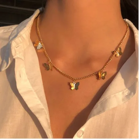 Gold Chain Butterfly Pendant Choker Necklace Women