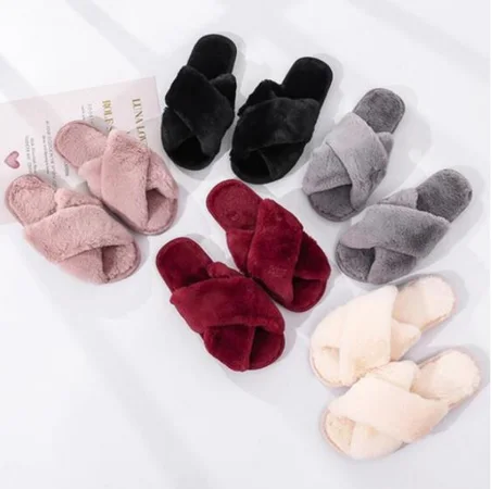 Shoes Woman Slip on Flats Female Slides Black Pink cozy home furry slippers