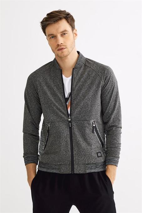 Men's Bomber Collar Zipped Melange Sweatshirt