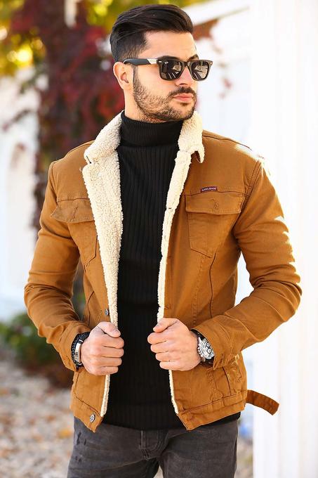 Men's Inner Furry Camel Denim Jacket