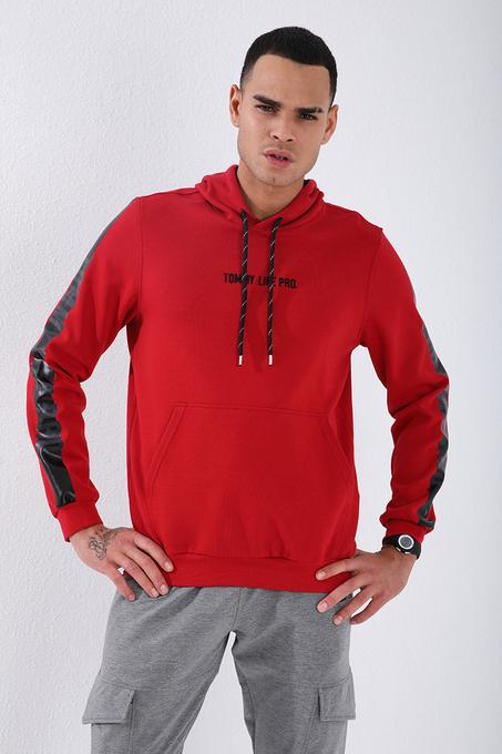 Men's Hooded Printed Sleeves Red Sweatshirt