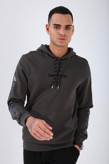 Men's Hooded Printed Sleeves Khaki Sweatshirt
