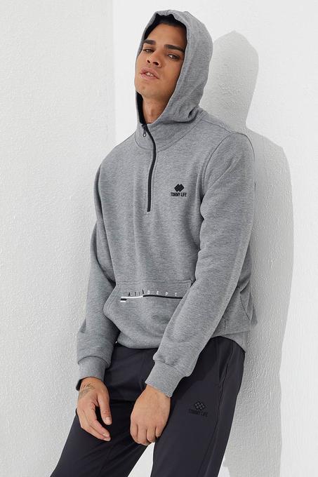 Men's Hooded Zip Collar Printed Pocket Grey Melange Sweatshirt