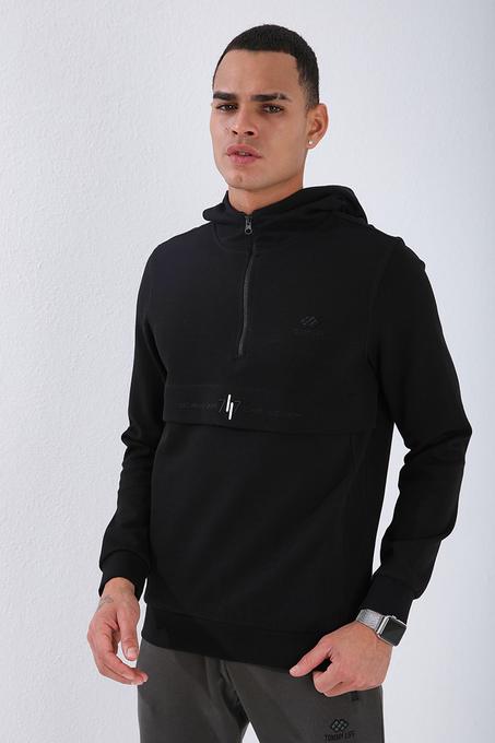 Men's Hooded Zip Collar Black Sweatshirt