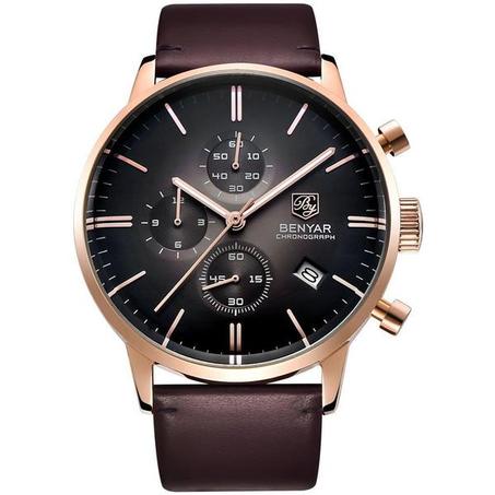 Montres chronographe de luxe pour hommes BENYAR 2720 CUIR NOIR ET MARRON