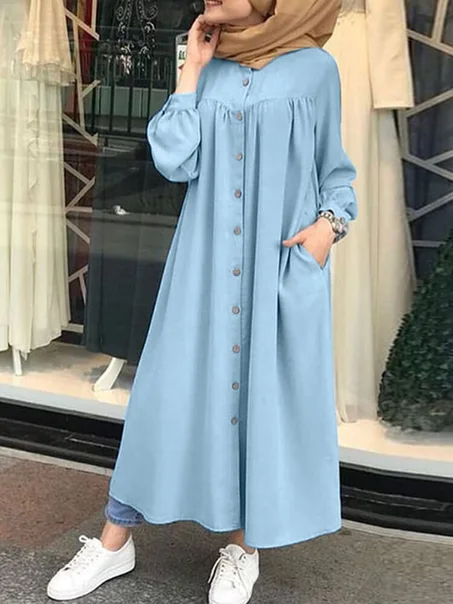 Solid Color Stand Collar Button Down Front Leisure Loose Maxi Dress with Side Pockets - Blue M