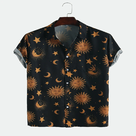 Men Sun Moon Print Short Sleeve Relaxed Shirts